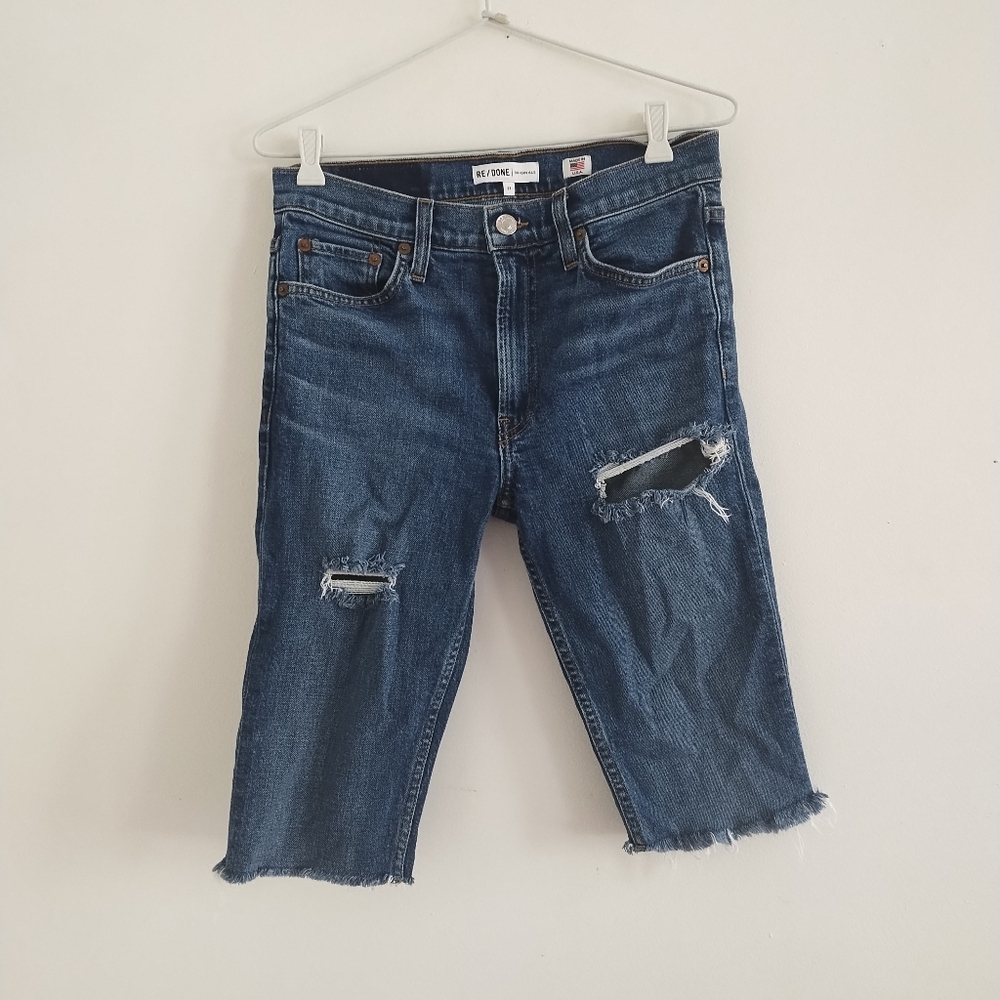 Re/Done Redone High Rise Distressed Cut Off Denim Jeans Knee Length Shorts 27